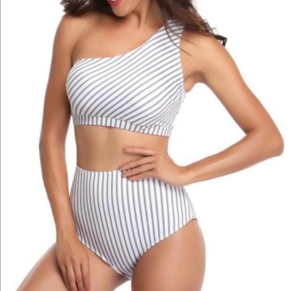 High Waisted Striped Retro Bikini One Shoulder